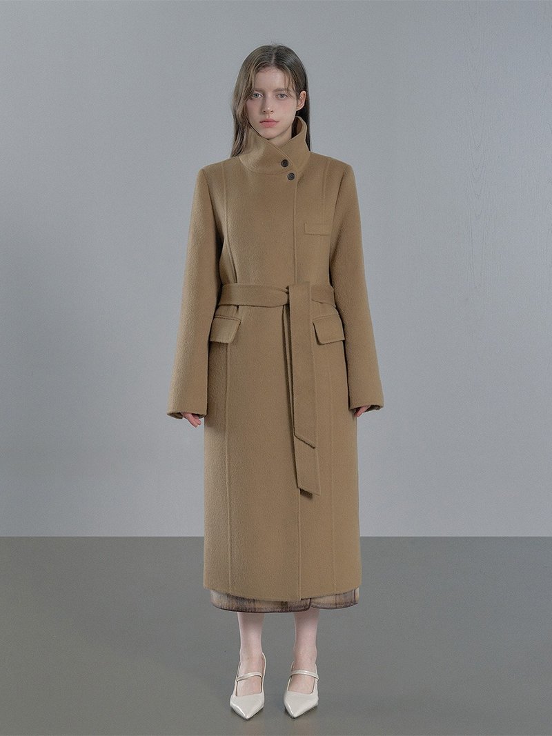 羊毛高领手工羊毛大衣 - 驼色/黑色 - 女装休闲/机能外套 - 其他材质 咖啡色