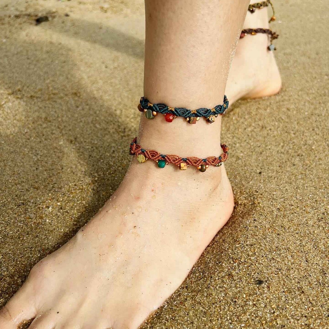 Sea Wave系列-海浪纹-复古珠-脚绳-冲浪绳 - 脚链/脚环 - 蜡 咖啡色