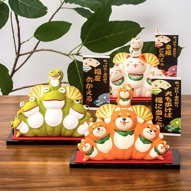 日本进口龙虎作叠罗汉招财猫达摩柴犬青蛙素烧陶无釉可爱创意摆件 - 摆饰 - 陶 
