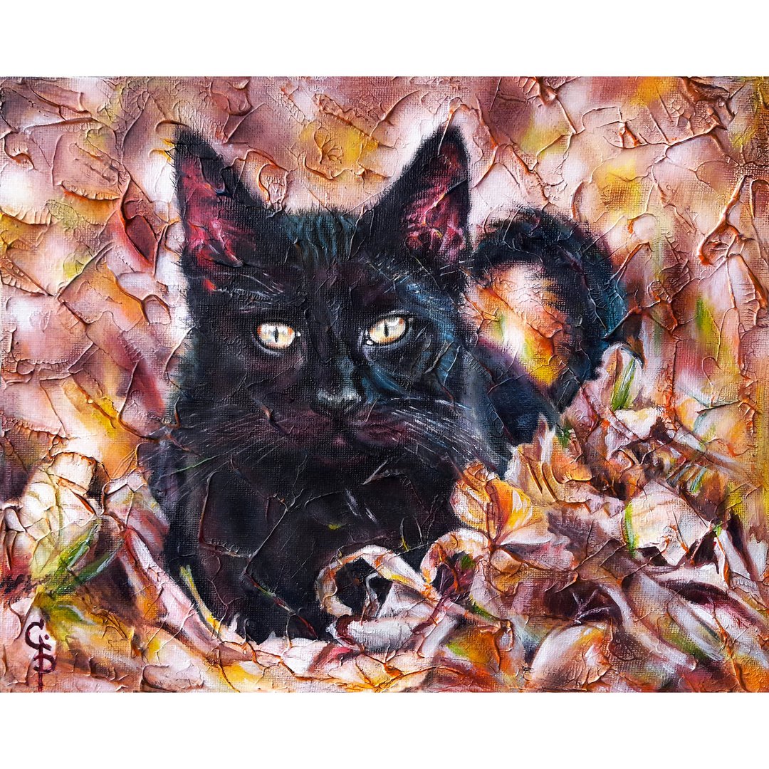 黑猫在画布上画在面板上秋季油画肖像凯蒂秋叶 - 墙贴/壁贴 - 其他材质 多色