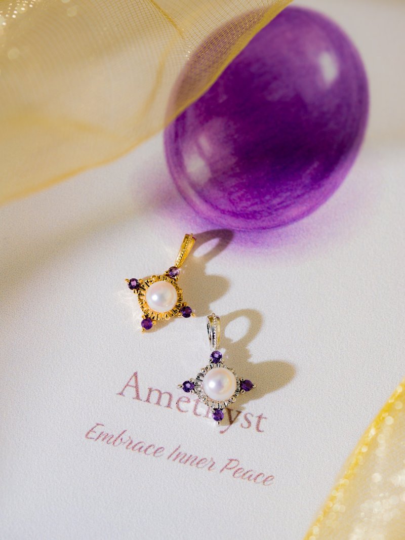 CHG 生辰石系列 紫水晶 18K 星辰 Akoya 生辰石两用吊坠 - 吊饰 - 珍珠 银色
