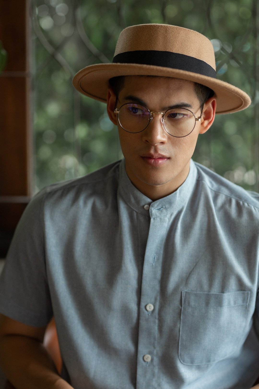 JUN Blended Linen Banded Collar Short Sleeve Shirt (Blue) - 男装衬衫 - 棉 蓝色