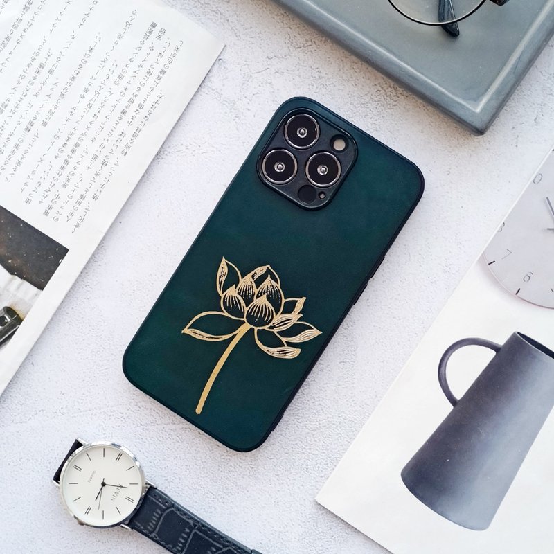 【好运莲莲】iphone15pro手机壳苹果16plus防摔14max保护套13mini - 手机壳/手机套 - 真皮 绿色