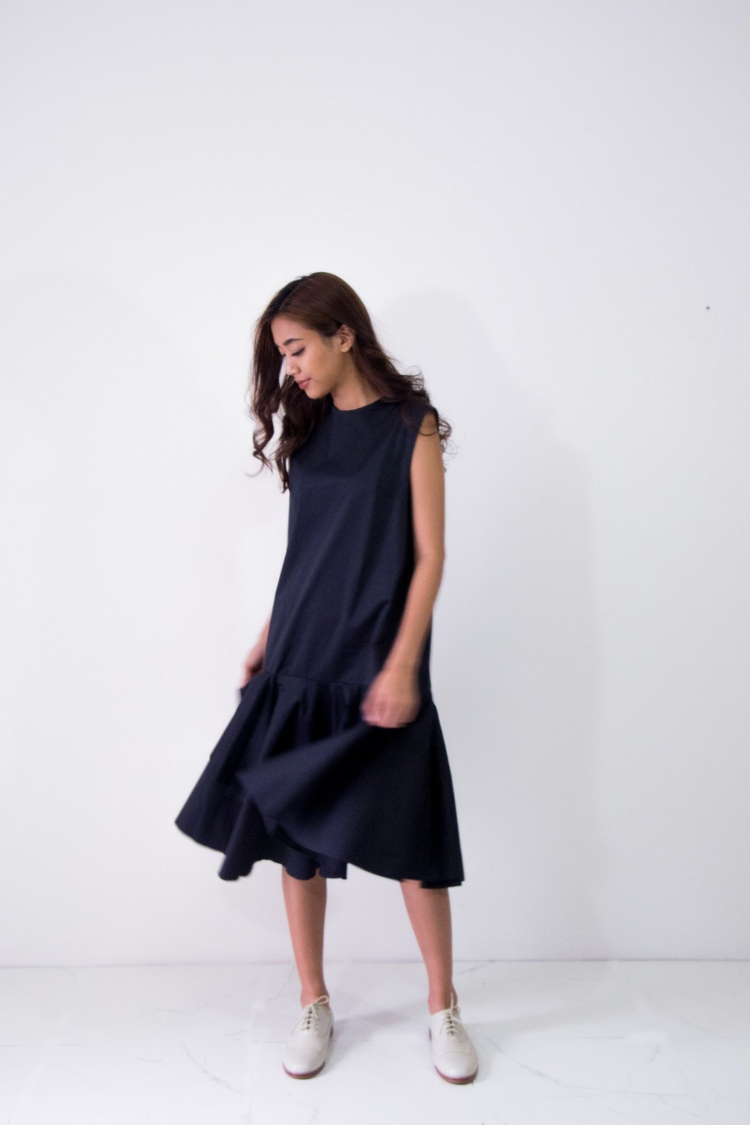 Mani Mina Black Midi Dress Double Frill Skirt. - 洋装/连衣裙 - 棉 