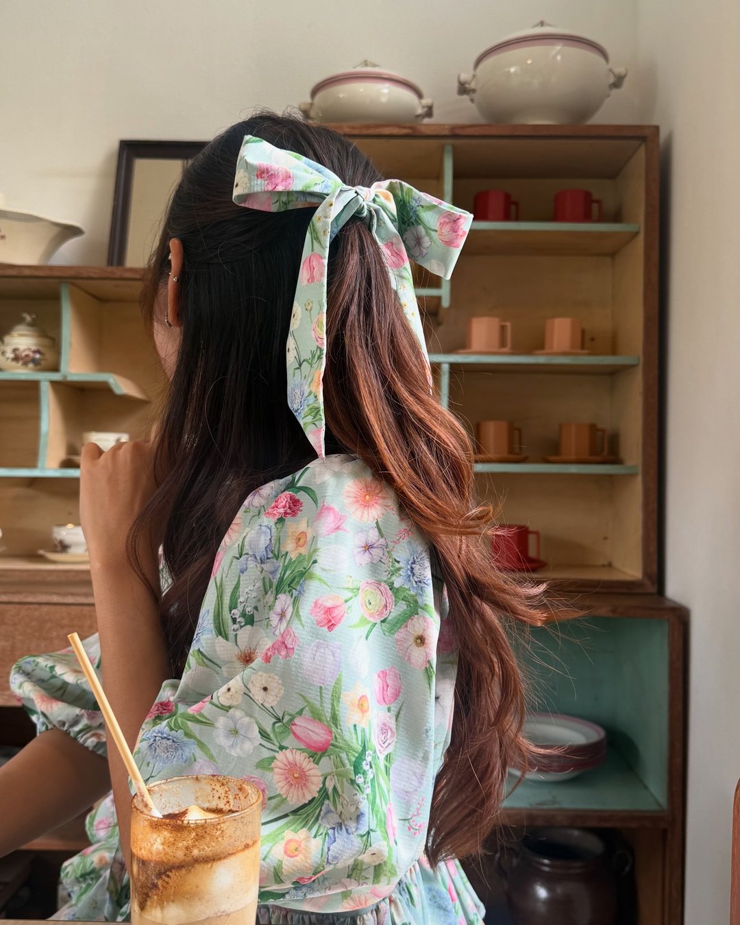 Flower twilly scarf :mint lady - 丝巾 - 聚酯纤维 绿色