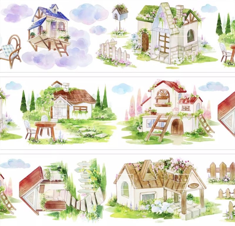 仙踪屋 天空の城 水彩畫 PET 和紙膠帶 台灣製 10米卷 - 纸胶带 - 其他材质 多色