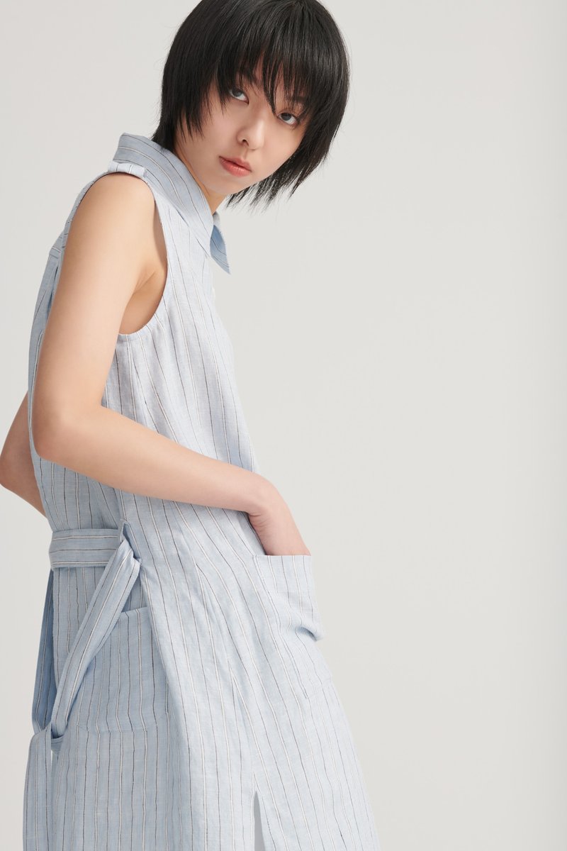 Shan Yong 无袖简约直条纹长版衬衫(两色) - 女装衬衫 - 棉．麻 