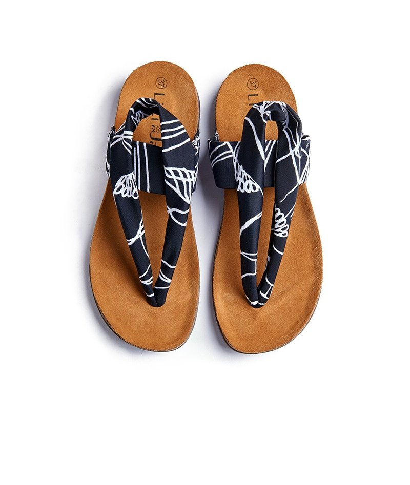 【夏季的旅行】高弹力莱卡花布软木拖鞋_黑牡丹 - 女款牛津鞋/乐福鞋 - 其他材质 黑色