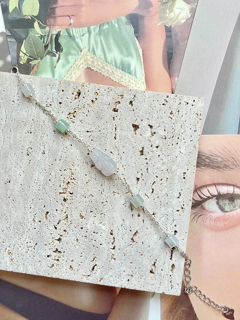 缅甸玉A货翡翠-白翡貔貅翡翠925银手链 送礼 玉 礼物 天然石 jade - 手链/手环 - 玉石 白色