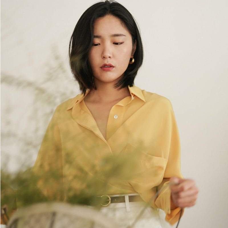 Lemon Tree | 檸檬黃色 桑蠶絲複古蝙蝠袖寬松襯衣 法式飄逸中性 - 女装衬衫 - 丝．绢 黄色