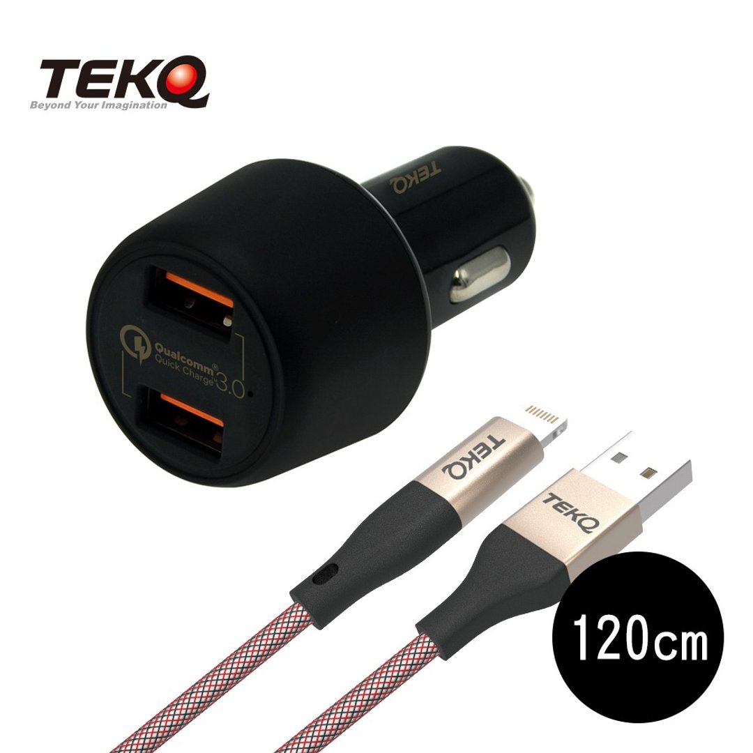 【TEKQ】2孔 36W USB QC 车充+TEKQ MFi USB to Lightning 120cm - 充电宝/传输线 - 其他材质 黑色