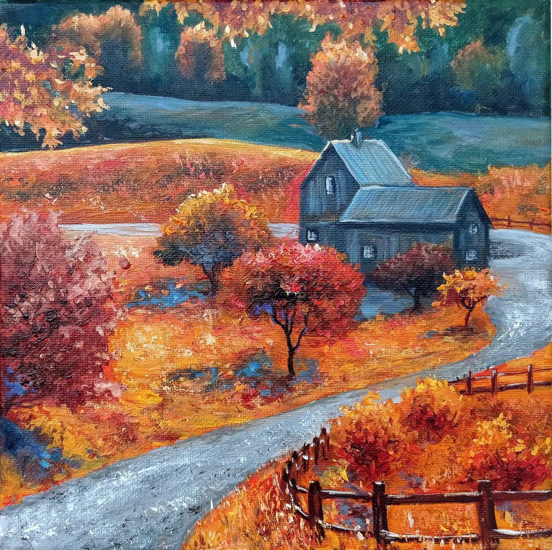 秋天/ 原创油画/ 空间装饰/ 风景挂画/手工 油画/ 挂画 - 海报/装饰画/版画 - 其他材质 橘色