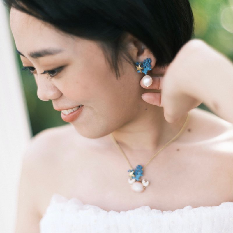 蓝色珐琅 波西塔诺 珊瑚耳环 可订制耳夹 - 耳环/耳夹 - 纯银 蓝色