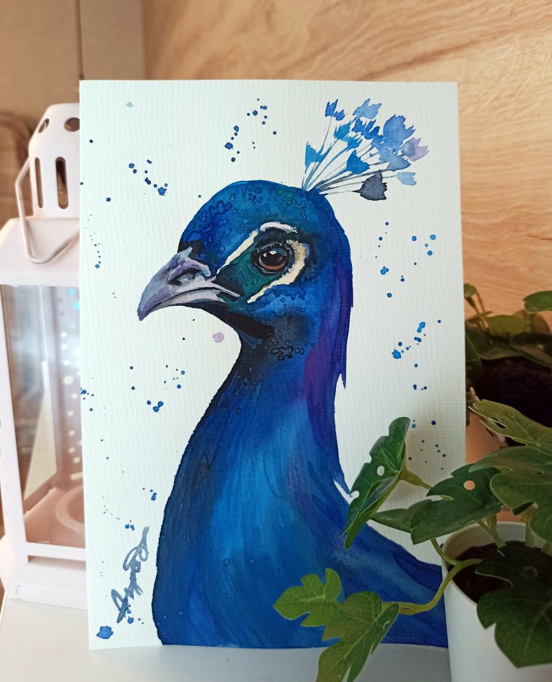 Watercolor original peacock bird room decor painting art by Anne Gorywine - 墙贴/壁贴 - 纸 白色