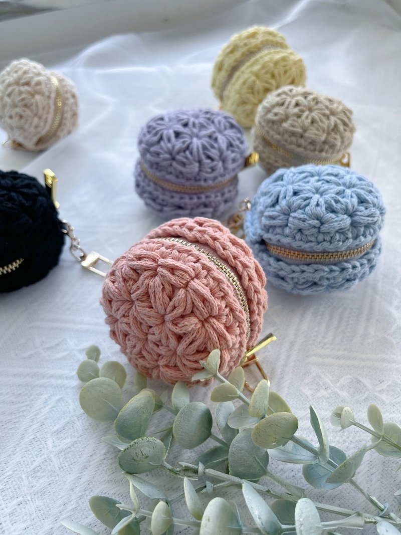 【蜜桃粉】手作鈎织花样马克龙迷你散子包零钱包吊饰耳机套钥匙包 - 零钱包 - 棉．麻 粉红色