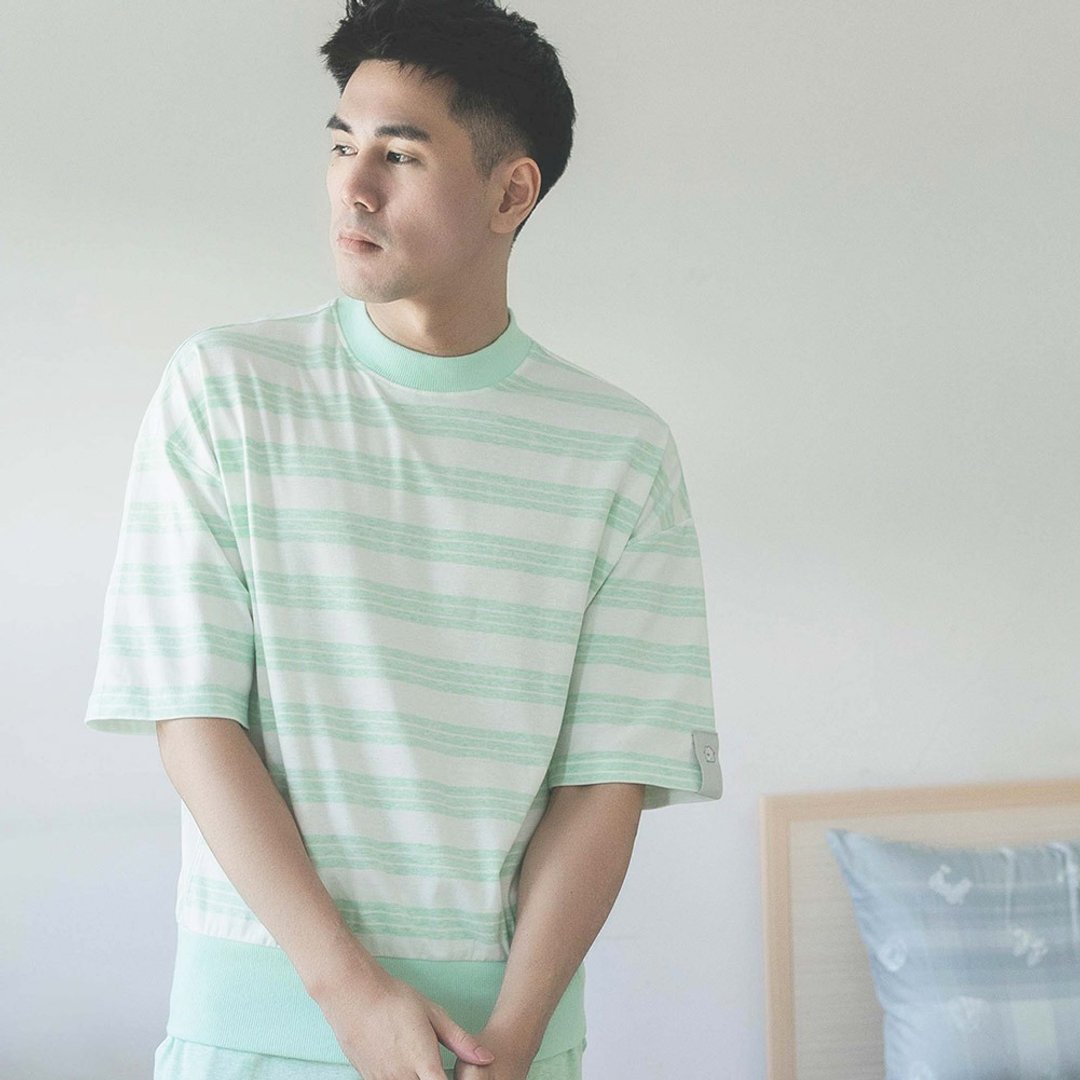 UMORFIL胶原蛋白条纹五分袖男家居服/睡衣/居家服-浅绿 - 居家服/睡衣 - 棉 绿色