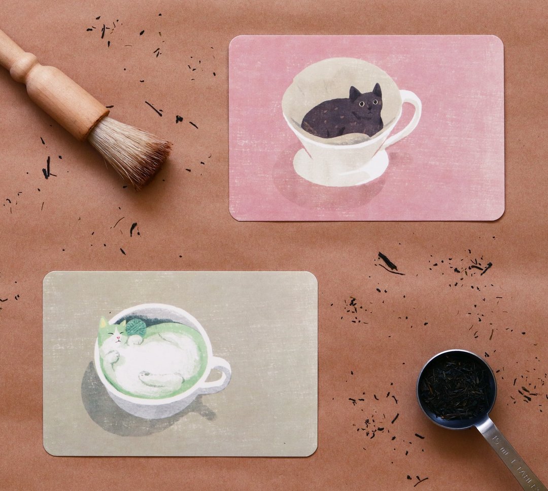 奔驰猫抹茶 X 玳瑁猫手冲明信片组 - 卡片/明信片 - 纸 
