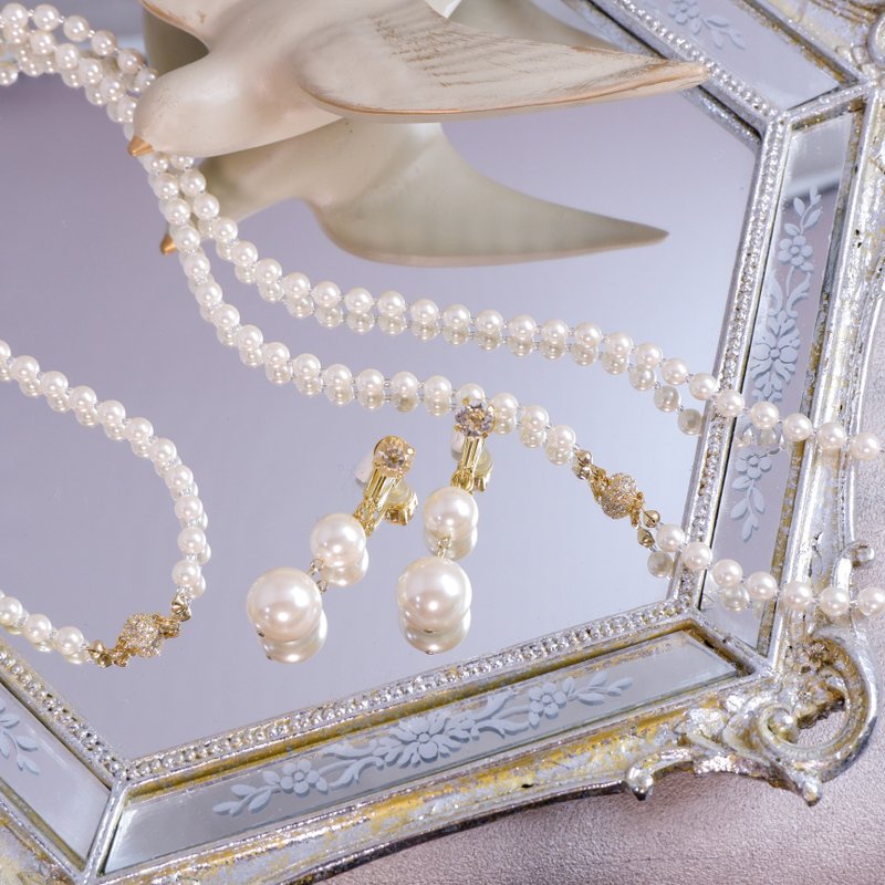 5way long pearl necklace and ear accessories (white ver.) - 项链 - 塑料 白色