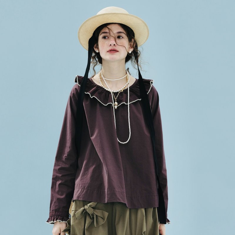 红紫复古荷叶水洗棉套头长袖上衣 - 女装上衣 - 棉．麻 紫色