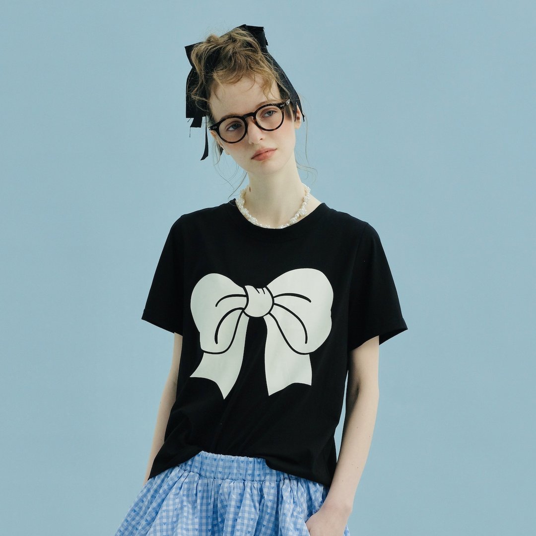 白色蝴蝶结黑色短袖棉T恤 / T-shirt 上衣 - 女装 T 恤 - 棉 黑色