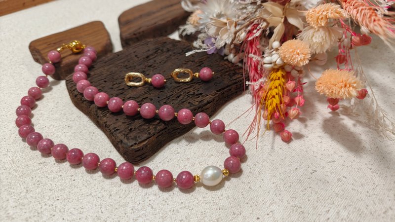 红纹石珍珠设计项链耳环套组 - 项链 - 石头 红色