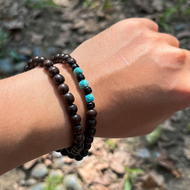 天然檀木绿松石双圈手串 - 手链/手环 - 木头 