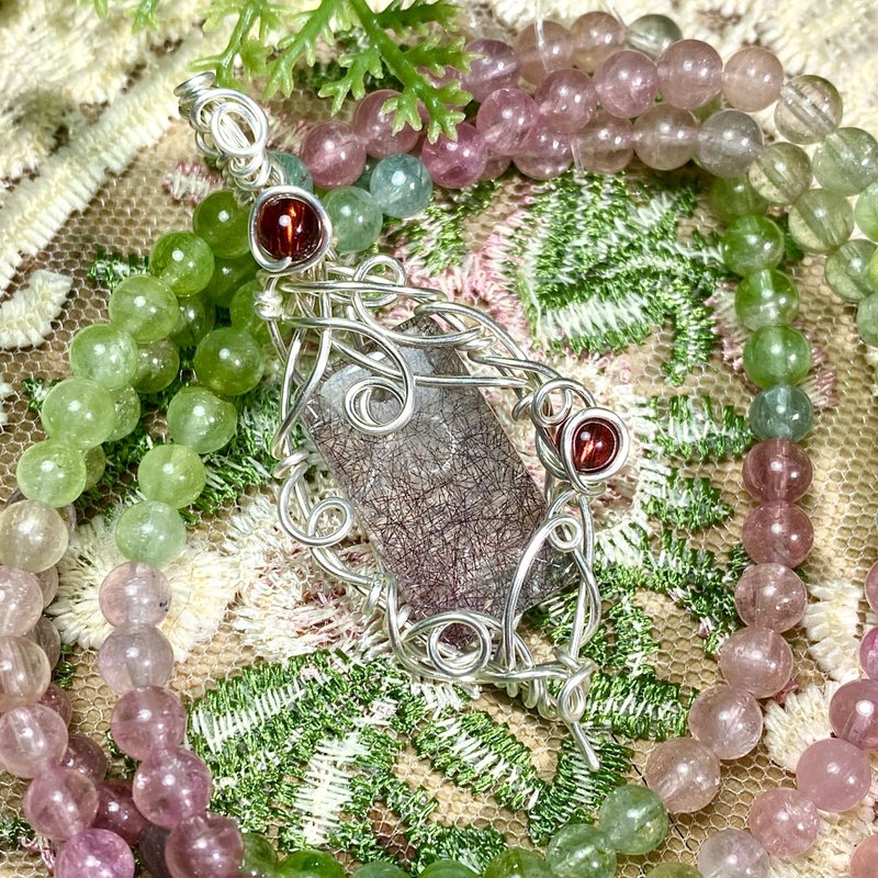 能量水晶项链-伊蕾莱尔-超七/红石榴、水晶灵摆项链、艺术编织 - 项链 - 水晶 多色