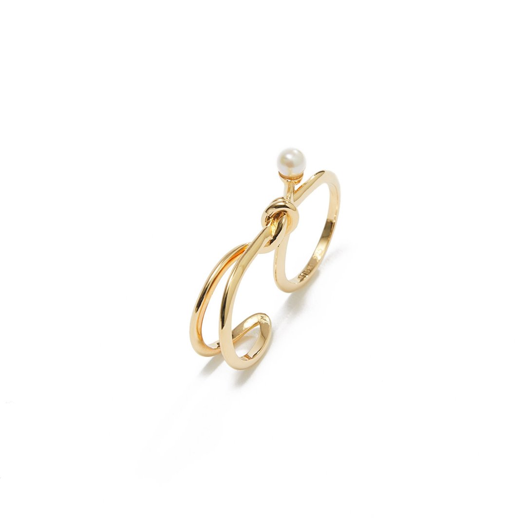 扭结双指戒 925银厚镀18K金 Knotted 2 Finger Ring - 戒指 - 珍珠 金色