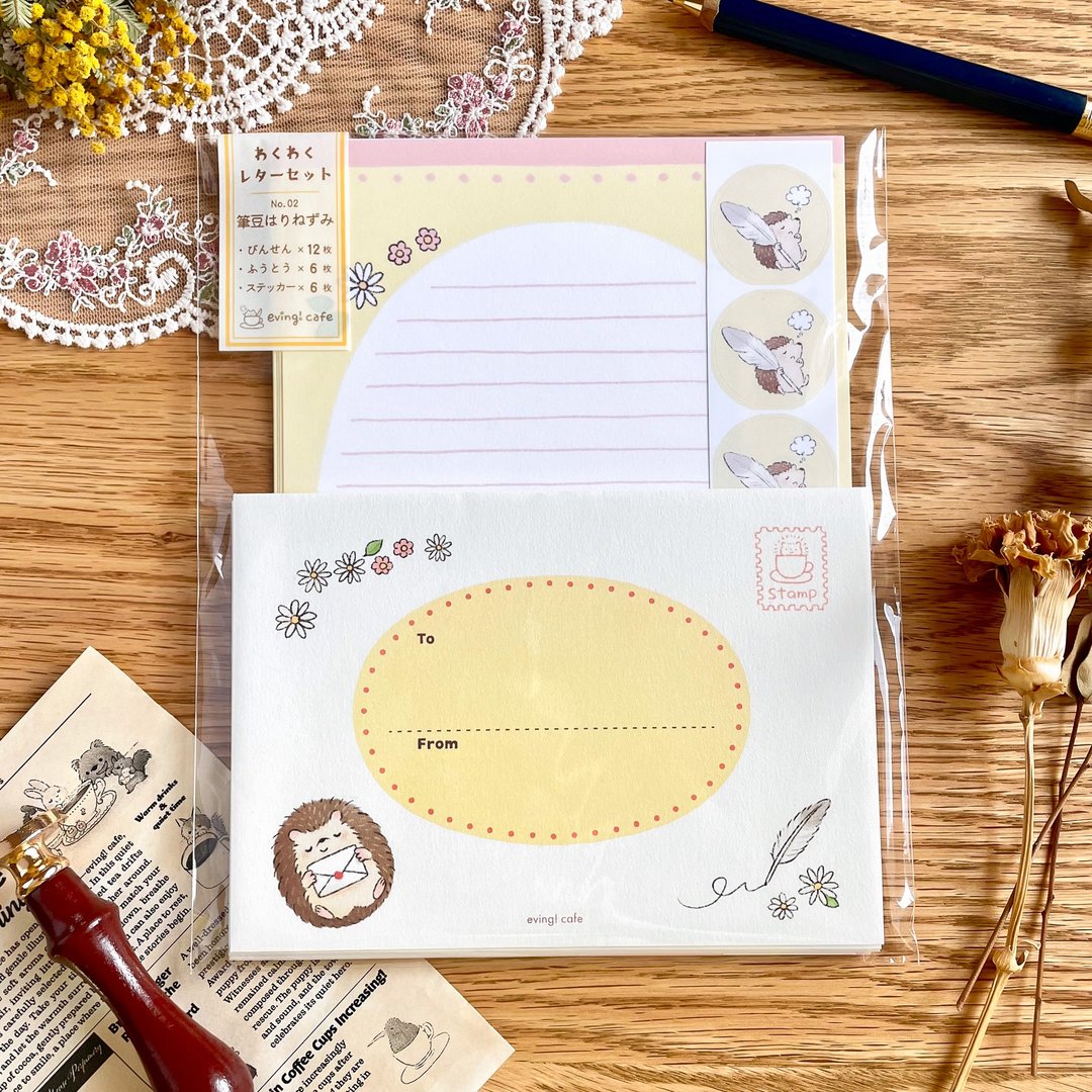 “Waku Waku Letter Set No.2”笔豆刺猬 - 刺猬信件组 - 信封/信纸 - 纸 黄色