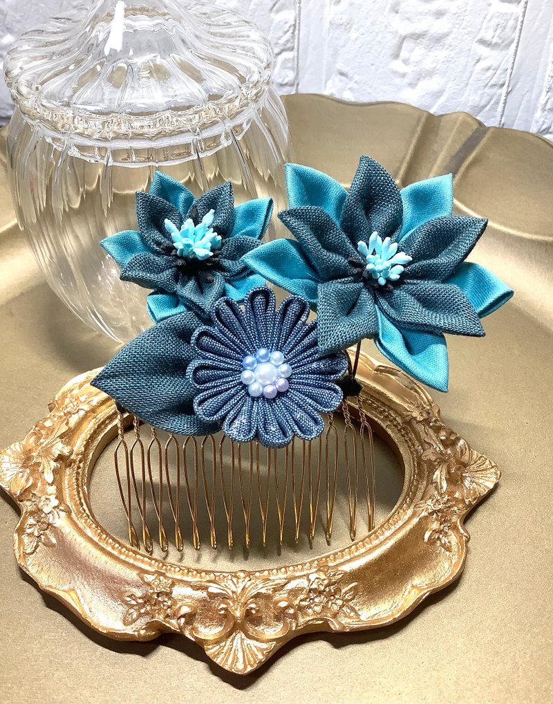 布花作品　发饰　簪　和风布花　瓦莱塔　布花细工　优雅的 - 发饰 - 棉．麻 绿色