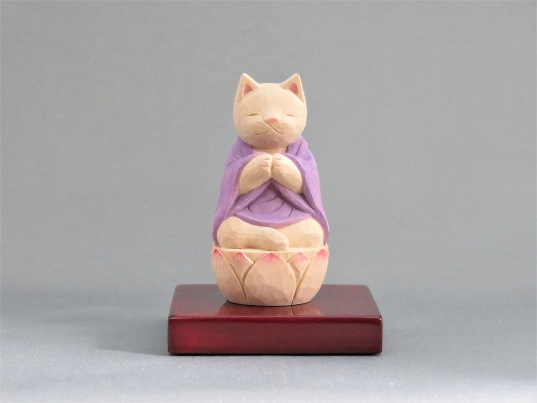 Wood carving Cat Buddha 1916 - 玩偶/公仔 - 木头 紫色
