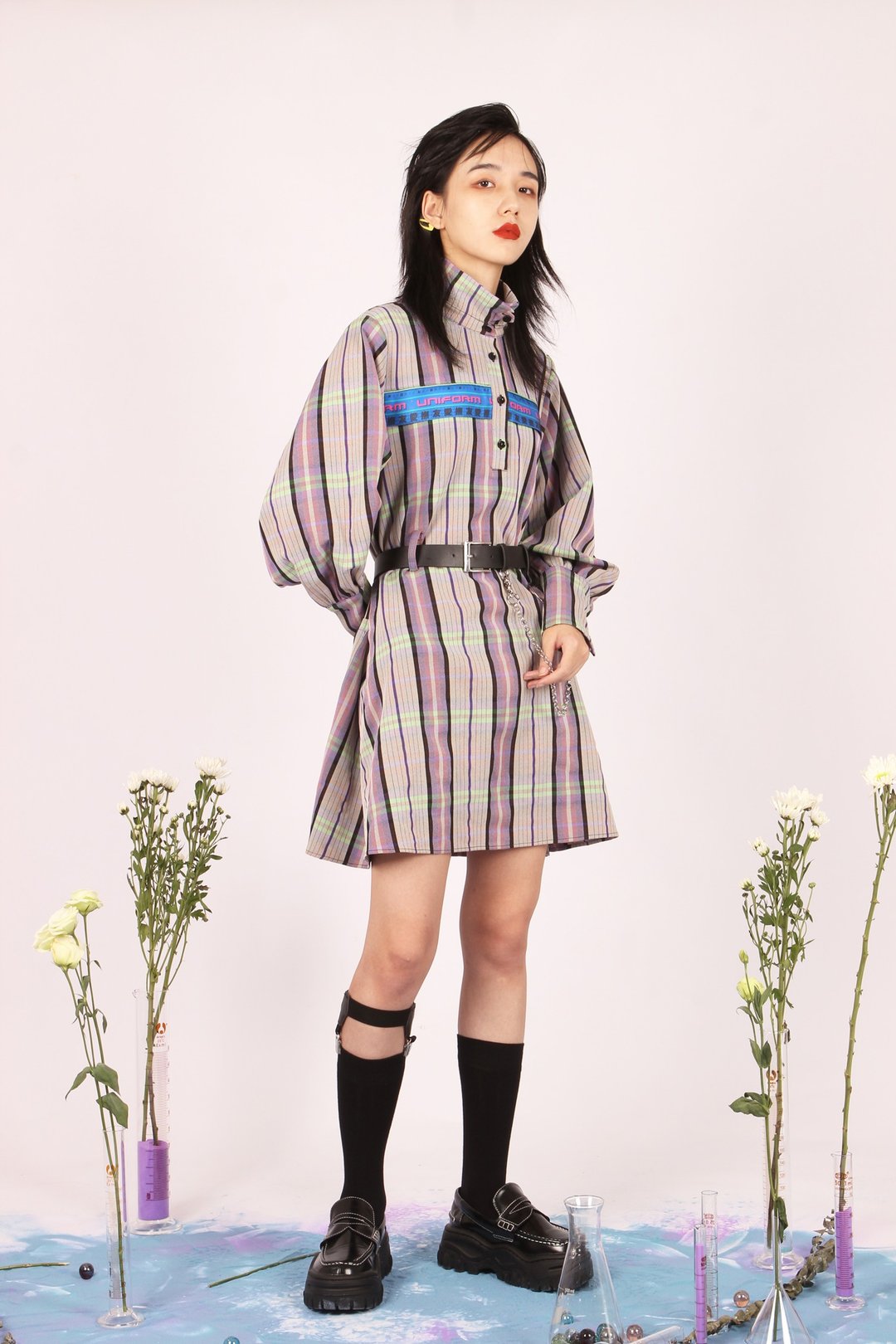 帅气印花拼接格纹灯笼袖高领A字连衣裙 2019AW - 洋装/连衣裙 - 其他人造纤维 多色