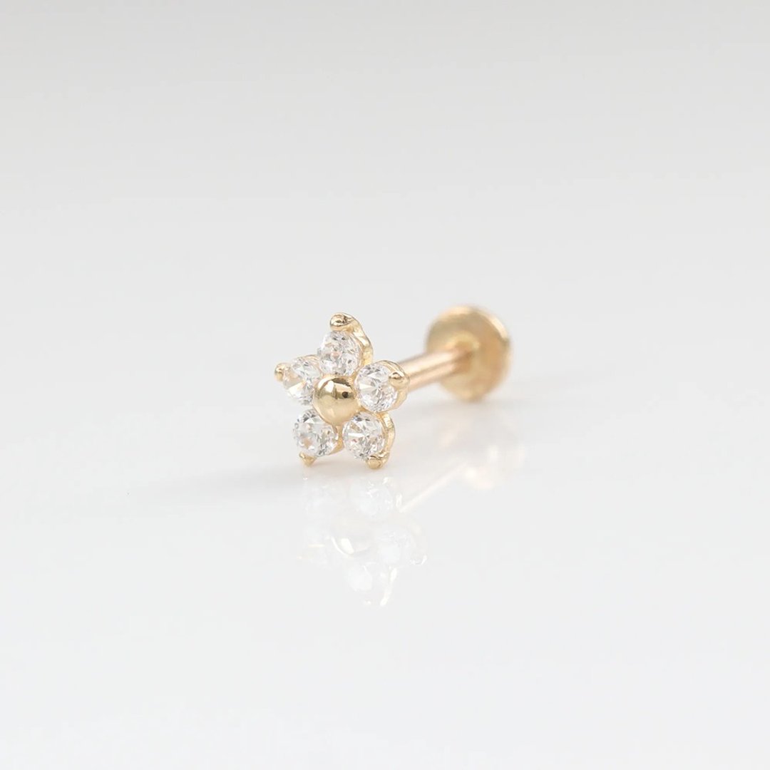 14K 星星花锁珠耳环 (前锁 平底 圆饼) (单个)耳骨 耳窝 不褪色 - 耳环/耳夹 - 贵金属 金色