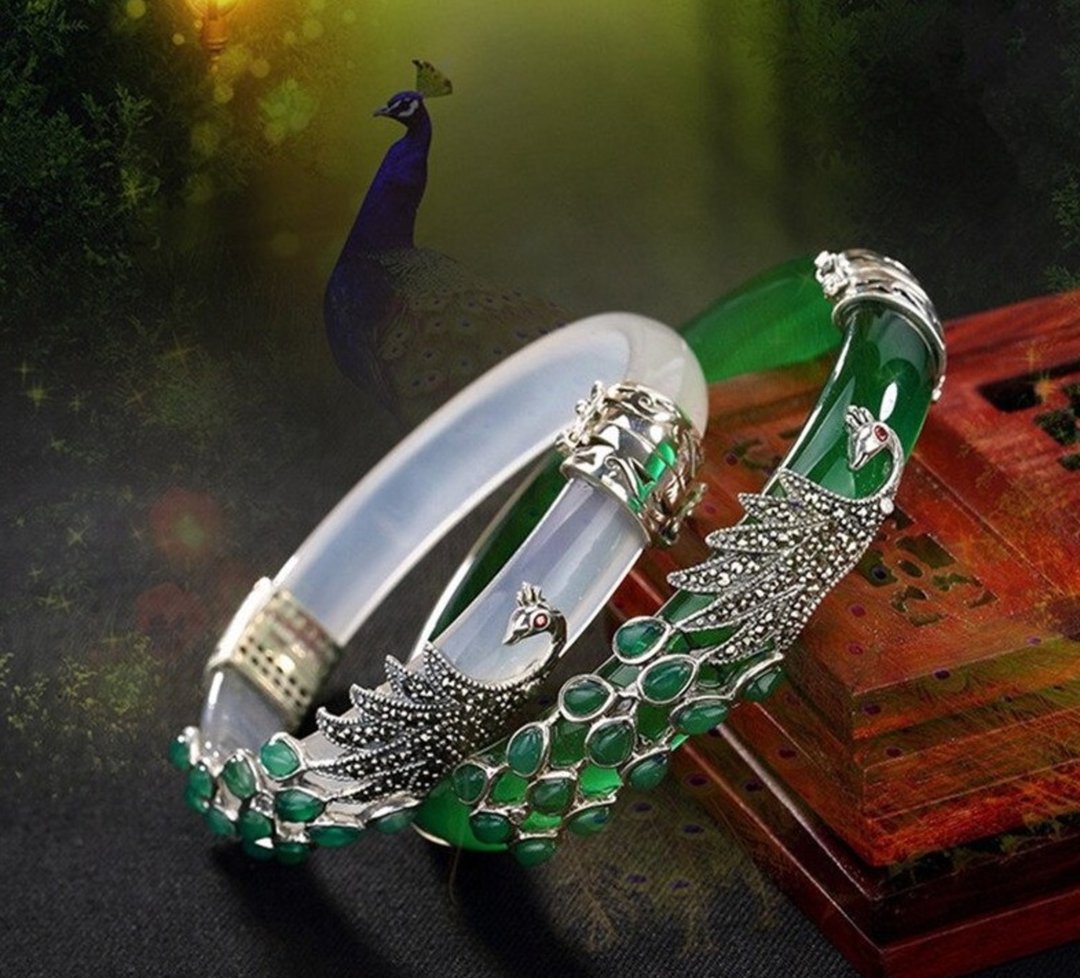 Real 925 Sterling Silver Bangles for Women Thai Silver Animal Chalcedony Peacock - 手链/手环 - 纯银 银色