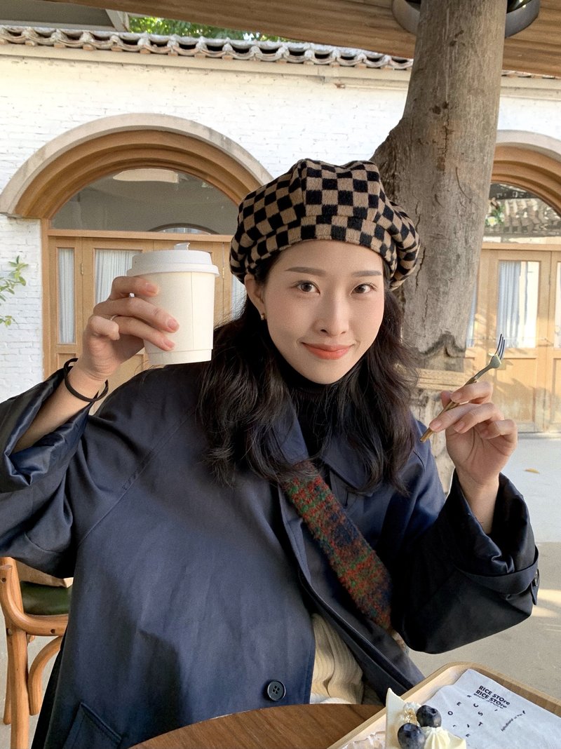 复古羊毛百搭棋盘格 贝雷帽 - 帽子 - 羊毛 咖啡色