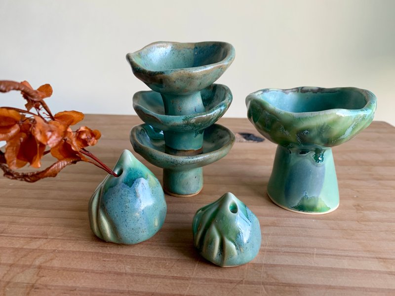 抹茶绿手捏系列-凹台/线香座/饰品座/水晶座 - 盘子/餐盘/盘架 - 陶 绿色
