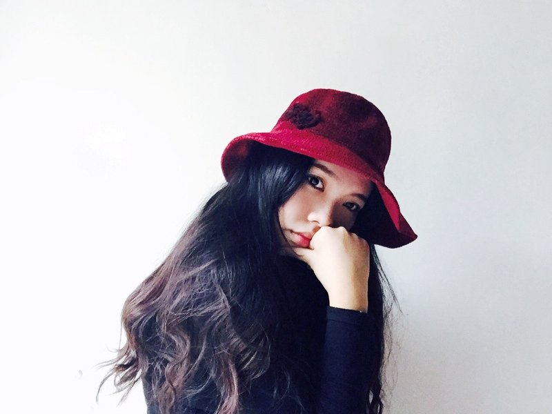 河水山 - 夏日烈焰优雅酒红 毛料格纹古董编织淑女帽 picture hat / cloche 复古淑女帽 - 帽子 - 其他材质 红色
