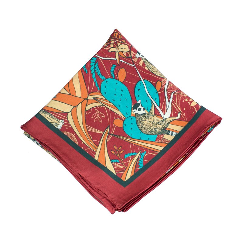 双成记｜乐园｜狐猴仙人掌印花真丝缎面大方巾 - 丝巾 - 丝．绢 红色