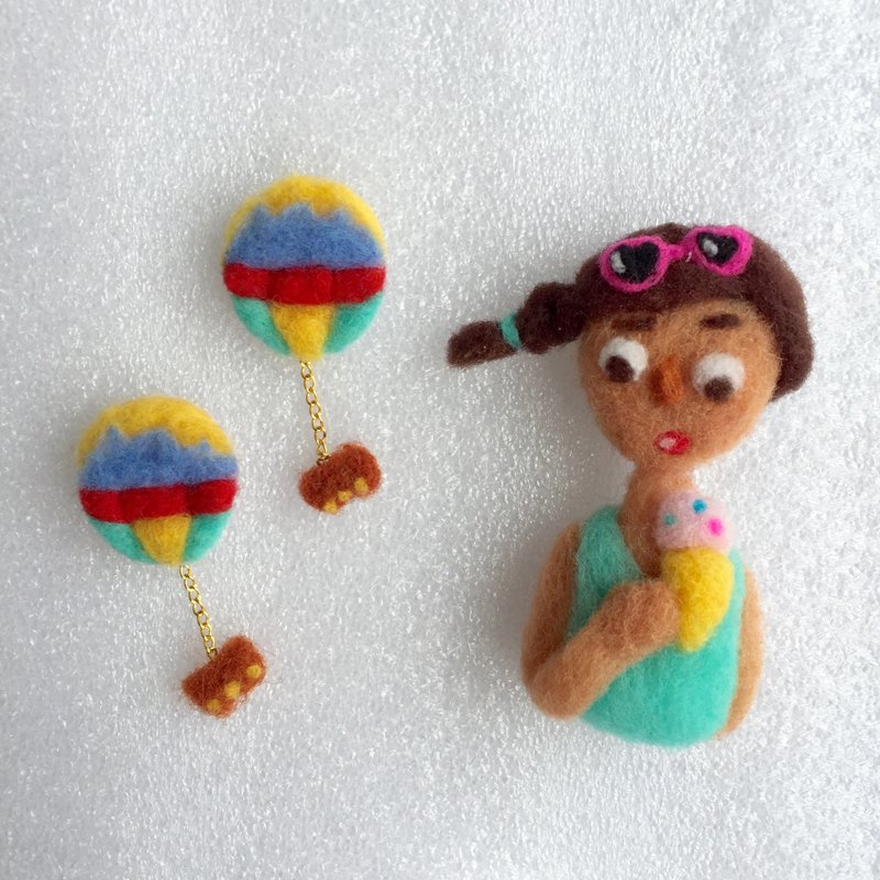 羊毛毡耳钉胸针别针人形人偶可爱小熊男孩女孩彩色热气球马卡龙薄荷绿色胸针项链包饰挂饰耳钉耳环金色链条单肩斜背小包 - 耳环/耳夹 - 羊毛 绿色