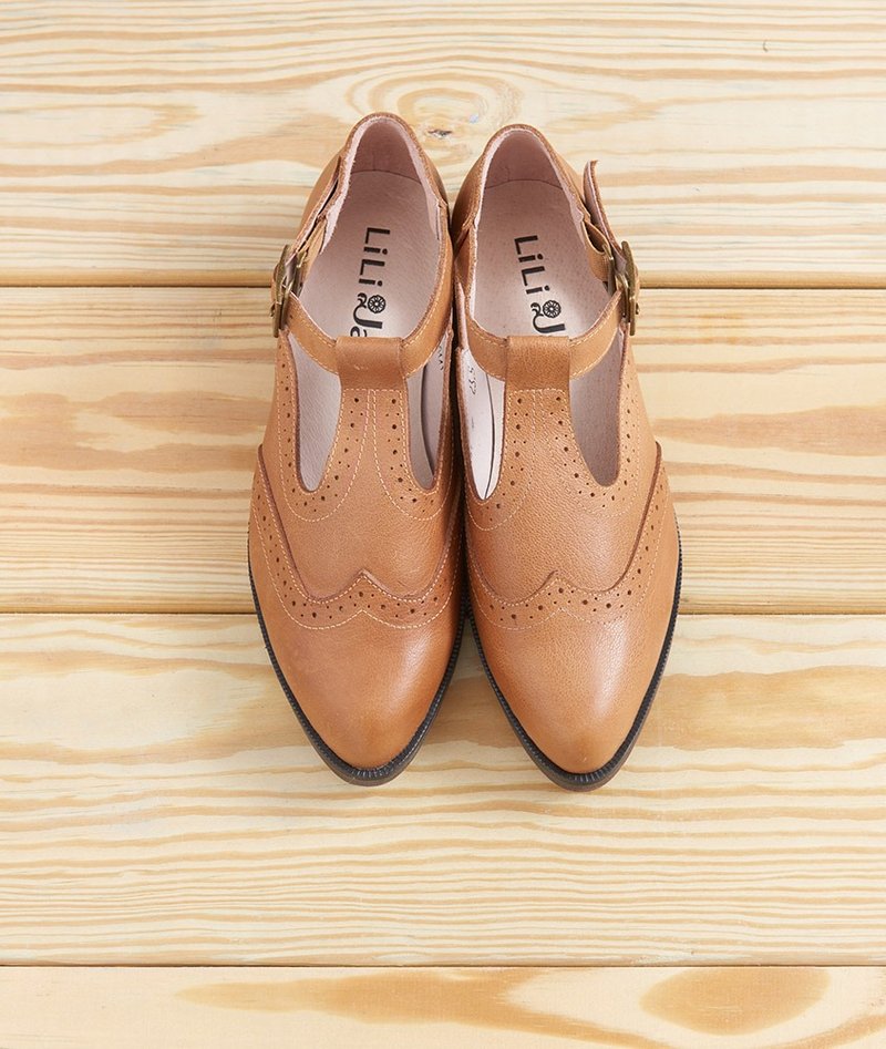 【摇摆年代】复古雕花T字牛津鞋-温润驼 - 女款牛津鞋/乐福鞋 - 真皮 咖啡色