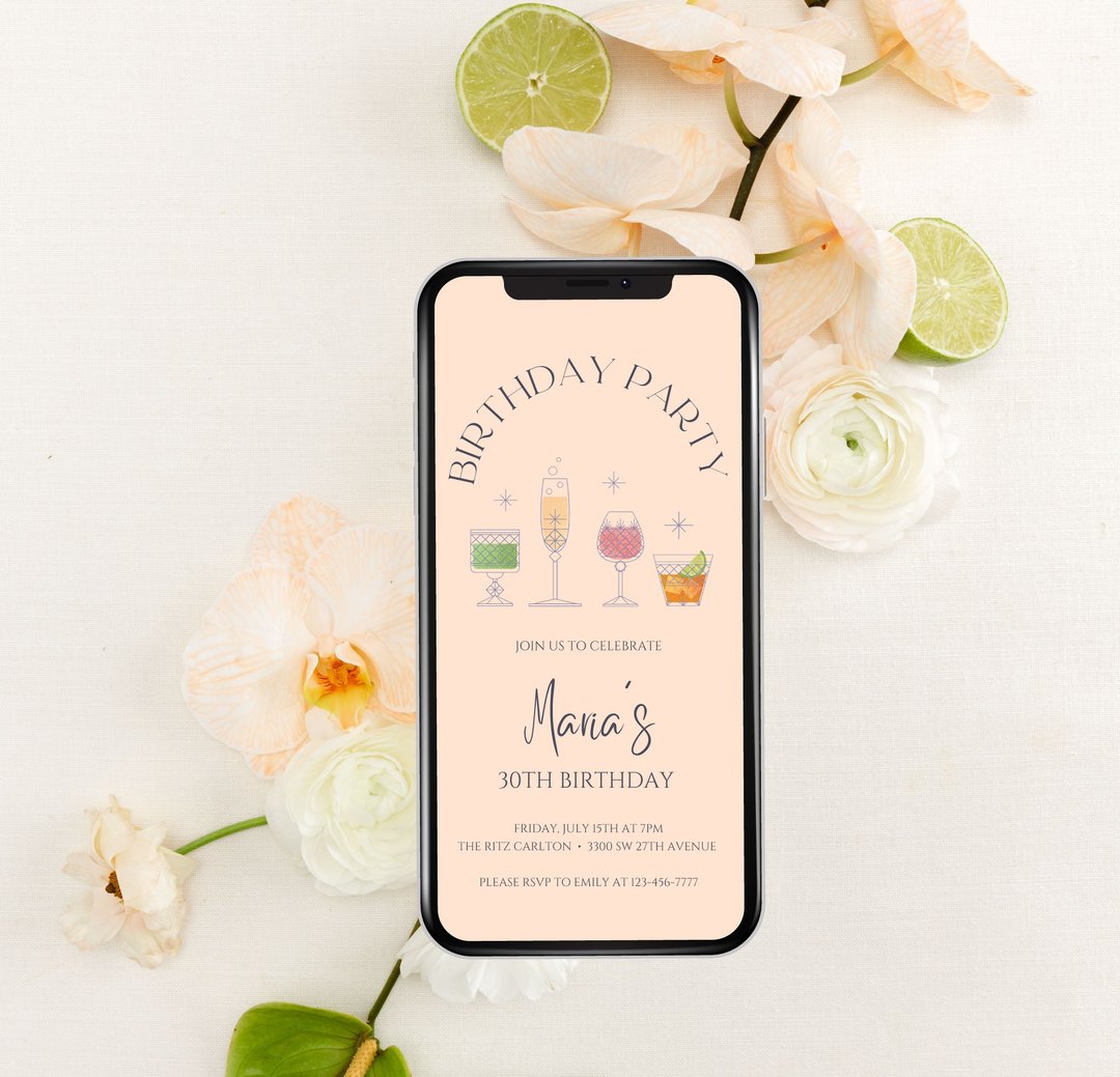 动画鸡尾酒生日派对邀请 Canva 模板 - 电子喜帖/贺卡/邀请函 - 其他材质 