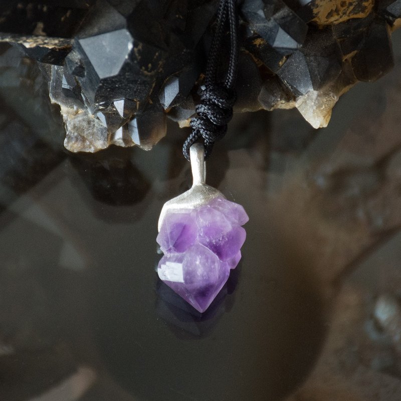 原创设计手工990银镶嵌紫水晶原石紫晶矿石纯银吊坠 - 项链 - 水晶 紫色