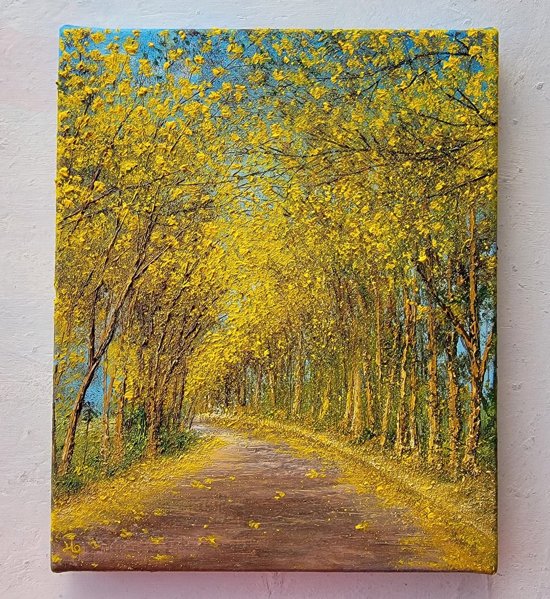 精致手绘油画  黄花风铃木  独一无二 - 海报/装饰画/版画 - 棉．麻 黄色