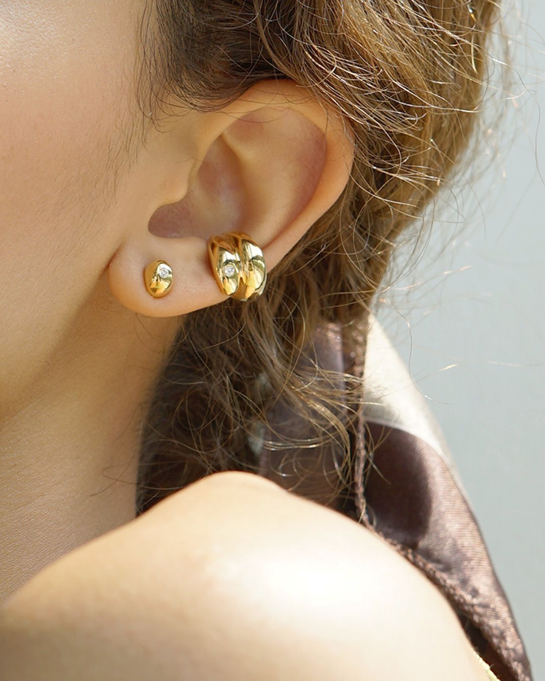 Ques Ear Set | Gold Studs Earrings and Ear Cu - 耳环/耳夹 - 纯银 金色