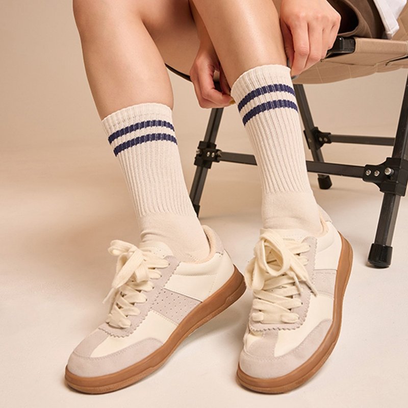 【FOOTER】Brooklyn144 美式针织袜 (N200-蓝条纹) - 袜子 - 棉．麻 白色