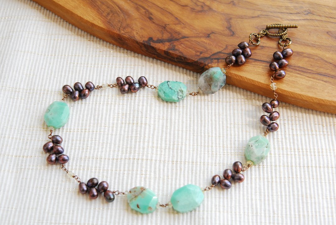Chrysoprase and pearl necklace - 项链 - 半宝石 绿色