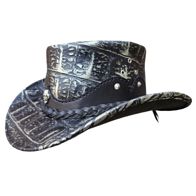 带有编织带和骷髅的哥德式牛仔帽 - 帽子 - 真皮 黑色