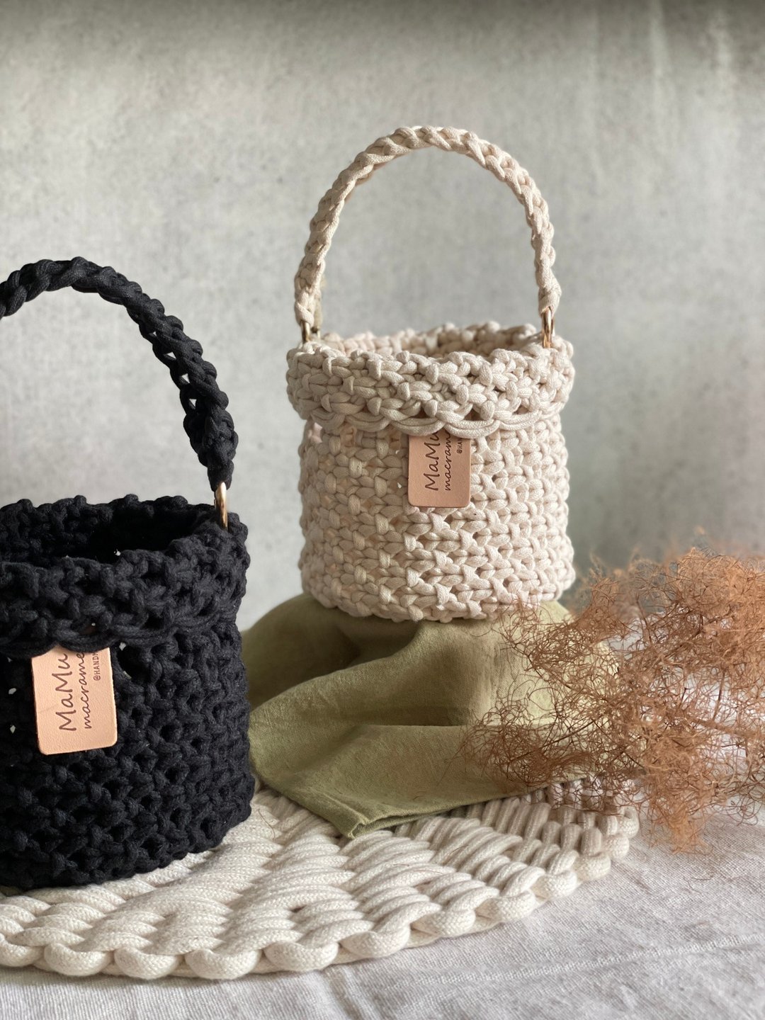 Macrame 编织花边置物篮/小提篮 - 收纳用品 - 棉 