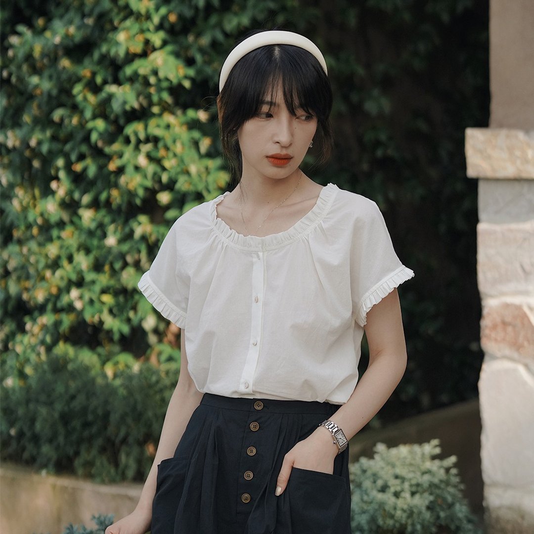 白色木耳边前后两穿衬衫|衬衫|夏款|Sora-965 - 女装衬衫 - 棉 白色