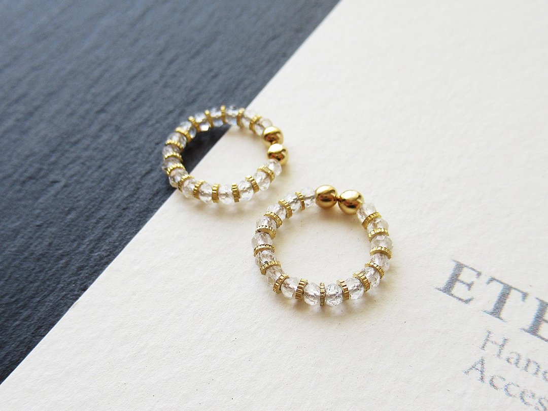 White Topaz and metal beads, tiny hoop earrings 夾式耳環 - 耳环/耳夹 - 石头 透明